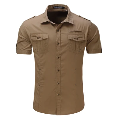 55890Khaki Для мужчин рубашка короткий рукав рубашка-карго модные Повседневное Летняя униформа Военная Стиль однотонная Хлопковая мужская Повседневная рубашка светло-серый - Цвет: 55890Khaki