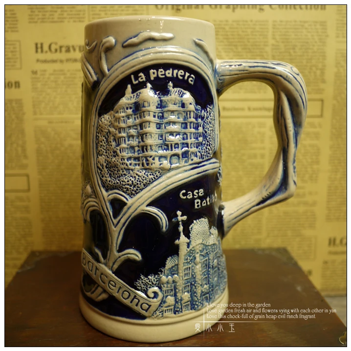 2016 New Arrival Ceramic German Beer Mug Spain Building Hand Painted Mugs Embossed Pattern Coffee Cup 15*19cm | Дом и сад
