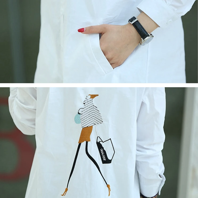 Длинная белая блузка с вышивкой повседневная хлопковая рубашка карманами