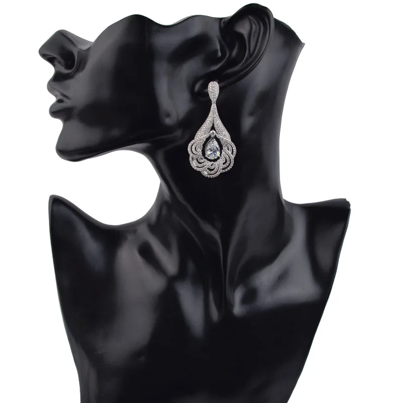 Роскошные серьги подвески с микрозакрепкой из фианита класса ААА для женщин