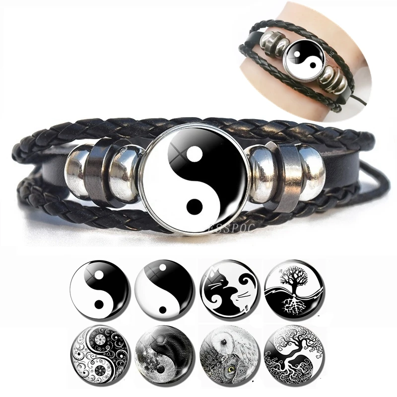 

Black and White Tai Chi Snap Button Bracelet Yin Yang Jewelry Steampunk Men Leather Handmade Bangle Weave Men Gifts