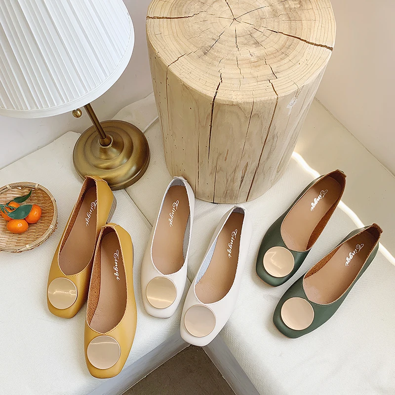 

Autumn Plus Size Metal Buckle Women Shoes Woman Flats Soft Bottom Slip on Shallow Square Toe Ladies Flats Female Casual Shoes