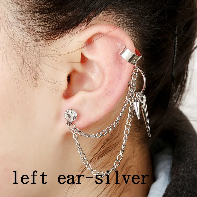 left ear silver Серьги в стиле панк с заклепками, кисточками, каффы для ушей, инкрустированные Многослойные звенья цепи, бахрома, Спайк, ювелирные изделия, Хрустальный пирсинг, круг, висячие серьги-клипсы - Окраска металла: left ear silver