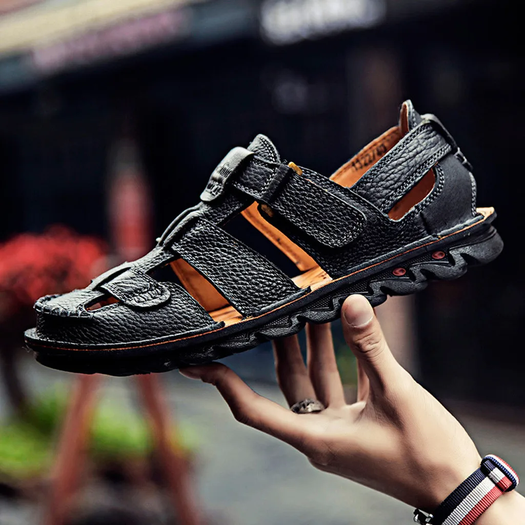 Summer Mens Leather Soft Comfortable Sandals Flats fashion Casual Sneakers Outdoor Beach Walking Non-Slip Bottom #G4 | Обувь