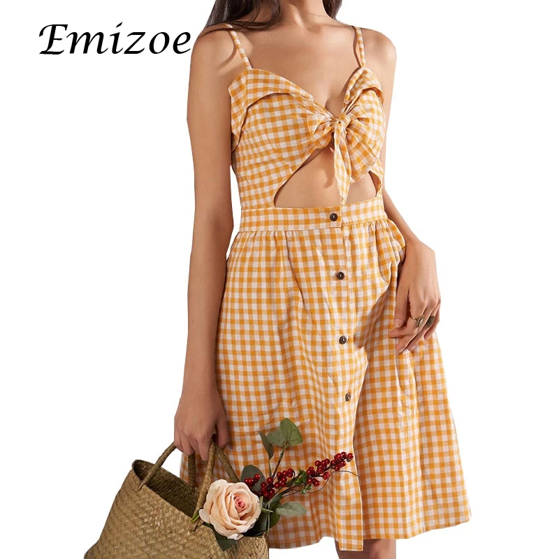 Emizoe 2018 Мода Винтаж Платье в клетку для женщин Повседневное лук кнопка спереди