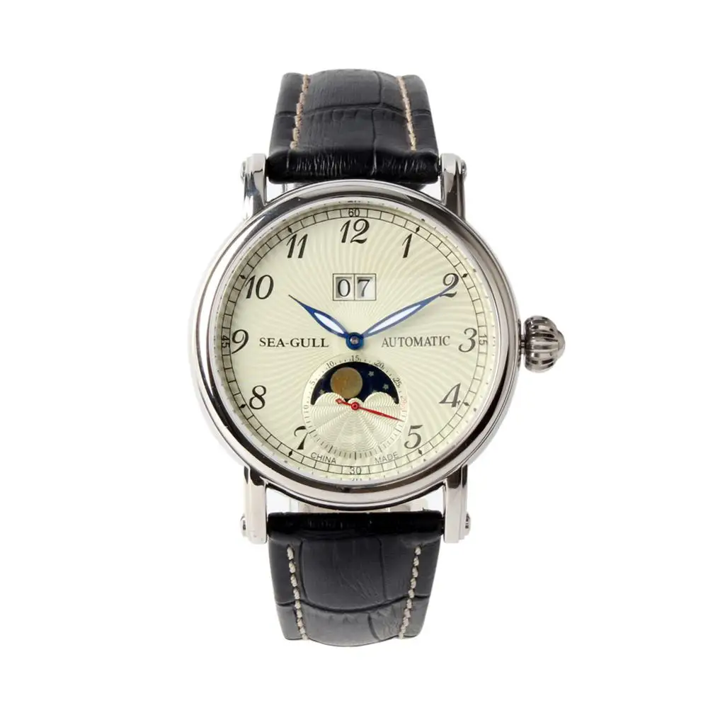 Seagull Moon Phase Авто Дата часы из натуральной кожи выставочный желтый циферблат