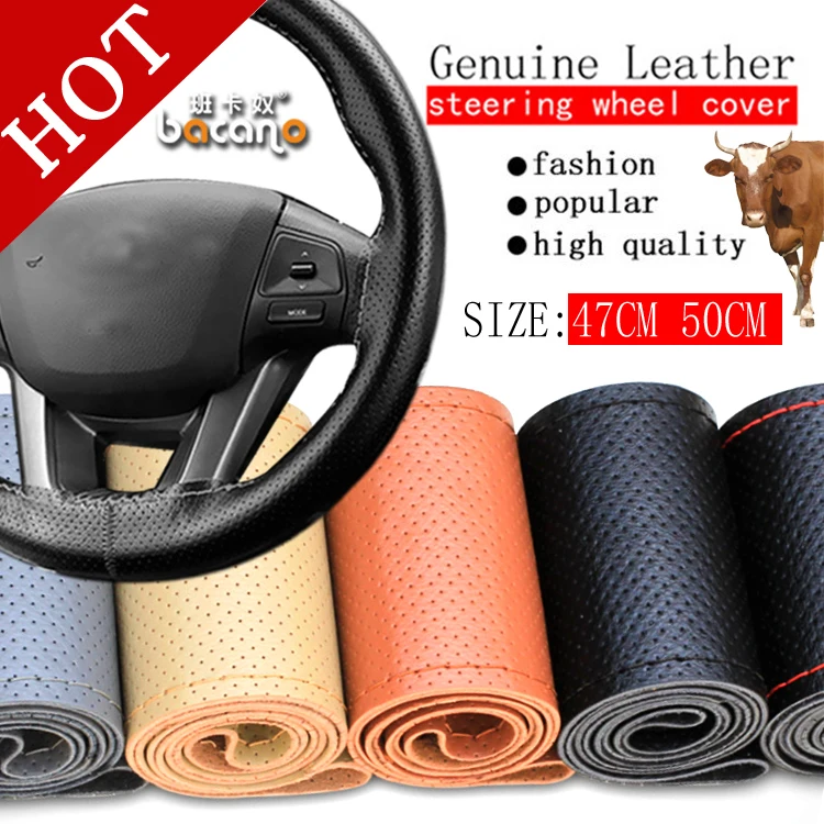 

Free Shipping BACANO Truck Bus SUV Genuine Leather Steering Wheel Cover, 47cm 50cm ,DIY Handmade Case With Needles and Thread