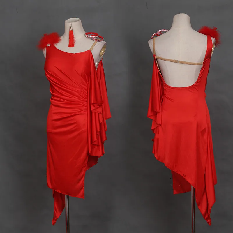 

New Ladies Latin Dance Dress For Women Red Slant Shoulder Sexy Rumba Dresses Festival Performance Clothing