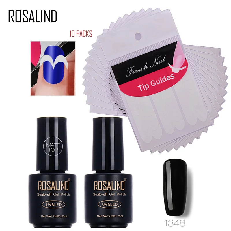 ROSALIND 1 шт. матовый топ+ 1 шт. цветной гель+ 10 шт. Французский маникюр смайлик наконечники для ногтей Гель-лак Набор ногтей искусство DIY наклейки - Цвет: 01