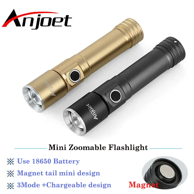 

Anjoet Portable mini magnet flashlight 1000 Lumens Zoomable Lanterna Q5 LED Rechargeable 18650 Tactical Flash light Torch Lamp