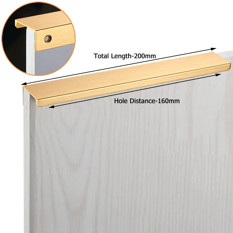 Gold-Length 200mm KAK модные черные скрытые ручки для шкафа, кухонные ручки из алюминиевого сплава, ручки для выдвижных ящиков, мебельная фурнитура для дверей - Цвет: Gold-Length 200mm