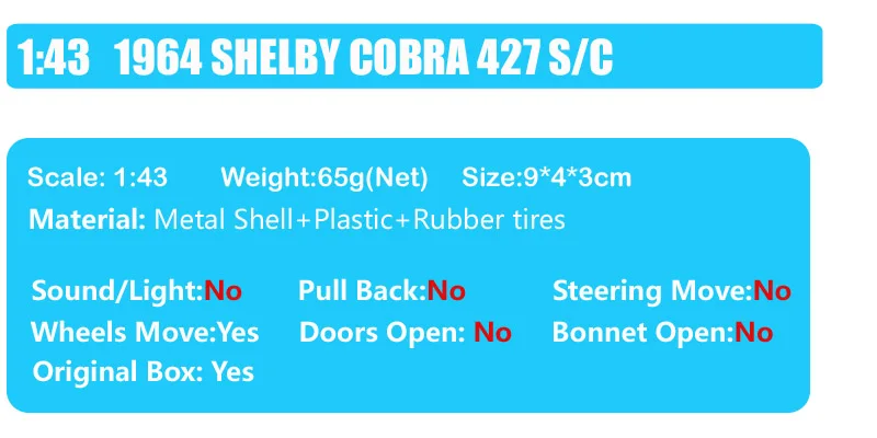 1/43 масштабная винтажная 1964 Ford SHELBY COBRA 427 S/C AC Cobra родстер спортивный мини автомобиль литье под давлением и модели автомобилей сувенирная игрушка для детей