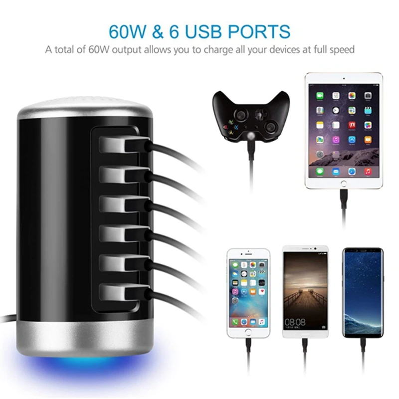 USB Зарядное устройство, универсальная 6-Порты и разъёмы для рабочего стола, usb-хаб/зарядная станция башня с интеллектуальной идентификацией Технология для Apple iOS, Андро