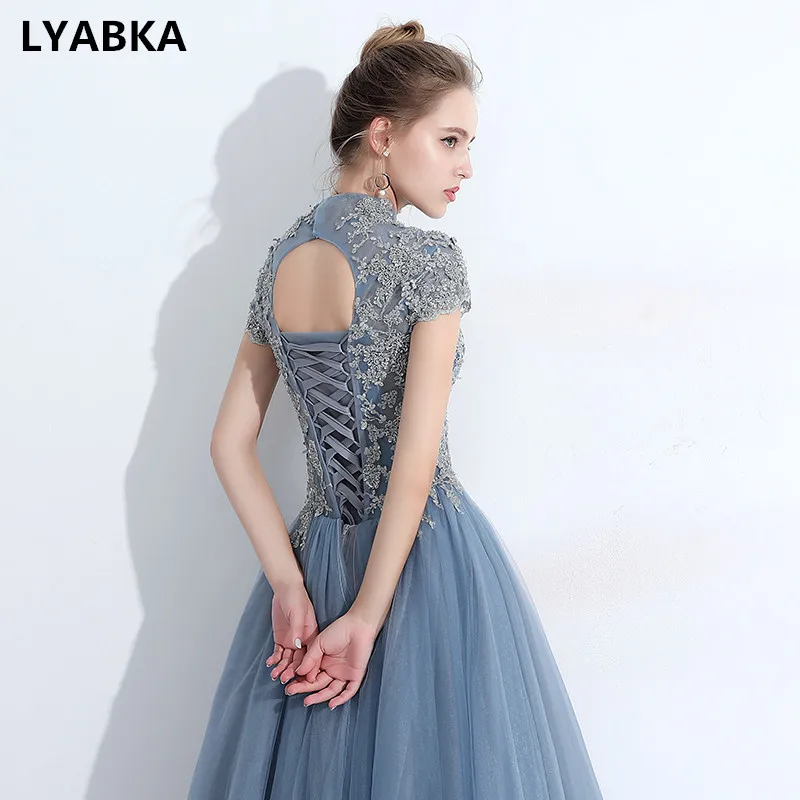 Вечернее платье длинное модное с высоким воротом коротким рукавом 2019|Вечерние