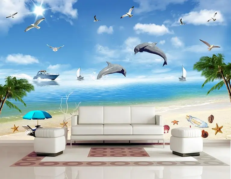 

Custom photo wallpaper 3d wall murals wallpaper sea coconut trees dolphins tanker gull landscape paintings wall papers home decor
