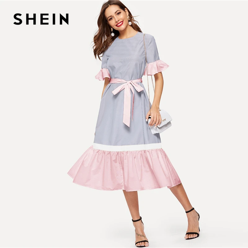SHEIN модное платье в полоску с оборкой и цветным поясом,, Boho, весна-лето, короткое платье с воланом, рукав, туника, цельнокроеное женское платье