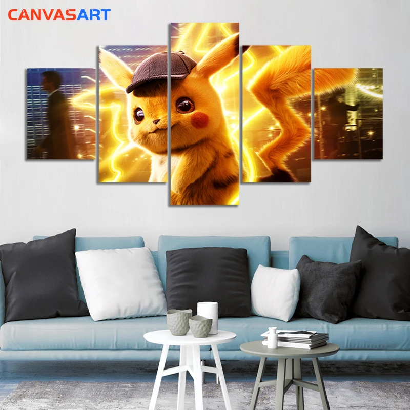 Canvas Art 5 Piece HD Pictures Live Action Movie Pokemon Detective Pikachu Painting for Living Room Wall Decoration | Дом и сад