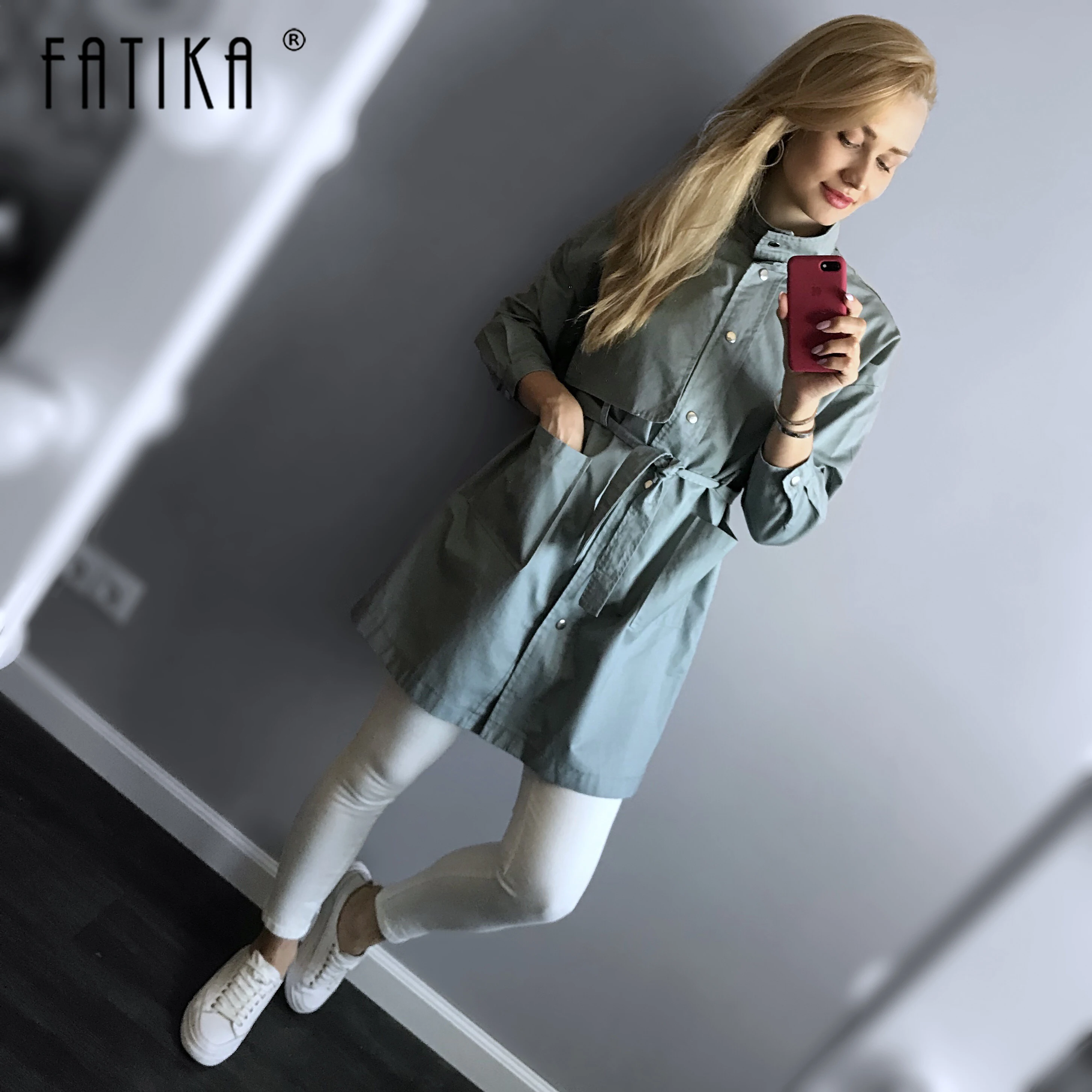 FATIKA женский классический однотонный Тренч со стоячим воротником и поясом