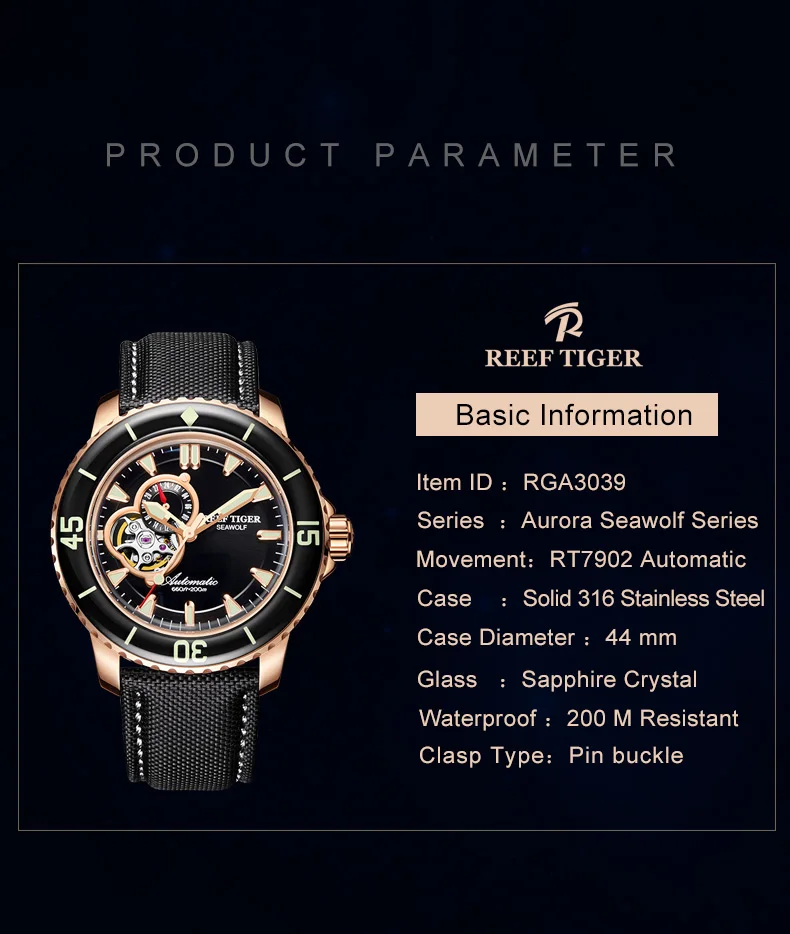 Reef Tiger/RT спортивные часы для дайвинга мужские 200 м водонепроницаемые часы с черным кожаным ремешком супер светящиеся часы RGA3039-PBBC