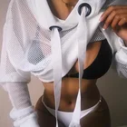 BKLD 2018 Осенняя футболка с длинным рукавом, Женский сетчатый топ с капюшоном, Прозрачная Сексуальная короткая футболка, черная белая ажурная футболка