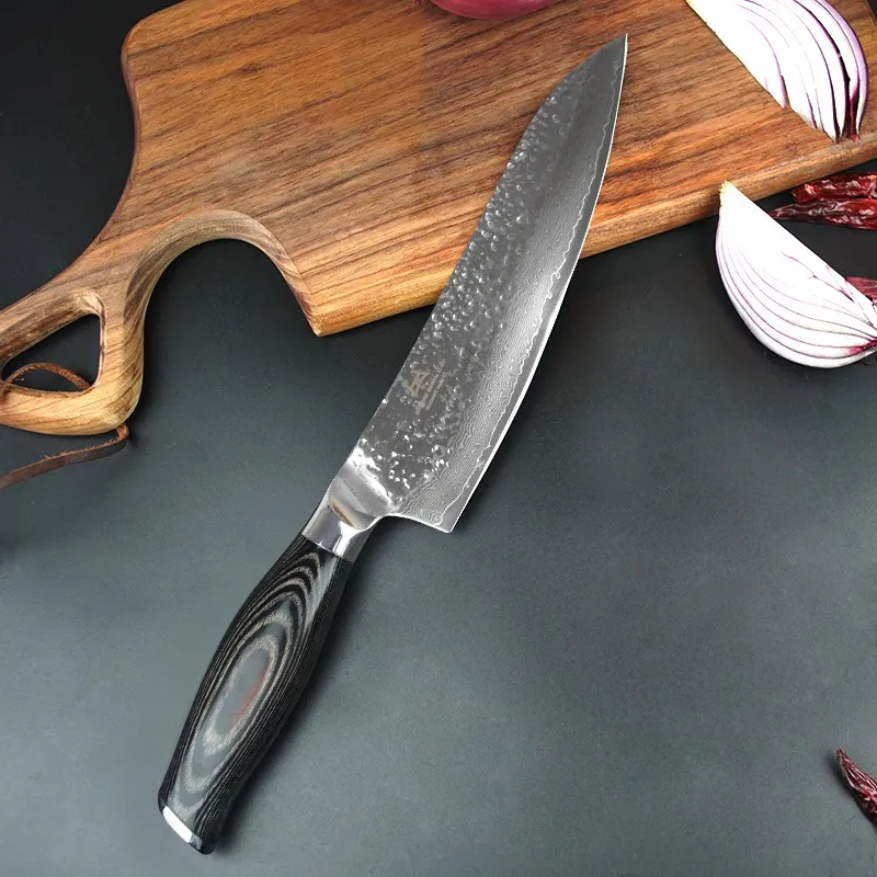 Нож для повара, 8 дюймов, дамасский профессиональный нож, PakkaWood Gyuto, ножи в японском стиле, кухонный инструмент, многофункциональный нож Santoku - Цвет: Hammer Pattern