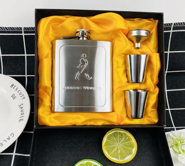 7 унций бутылка виски отпечаток Джек водка Воронка FLAGON 304 нержавеющая сталь алкоголь ликер бедра фляжка чашки черный Фестиваль подарочная коробка набор - Цвет: man set