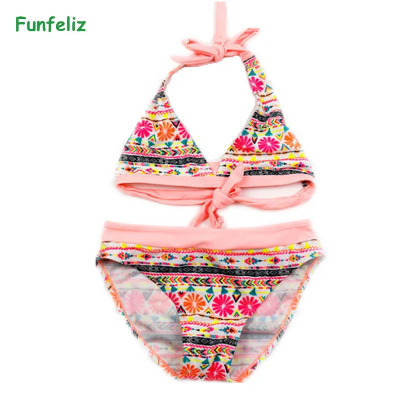 

Funfeliz Girls Swimsuit 2018 Kids swimming suit two pieces Floral Print bathing suit girls Bikini Children Swim Wear 6-16 Years