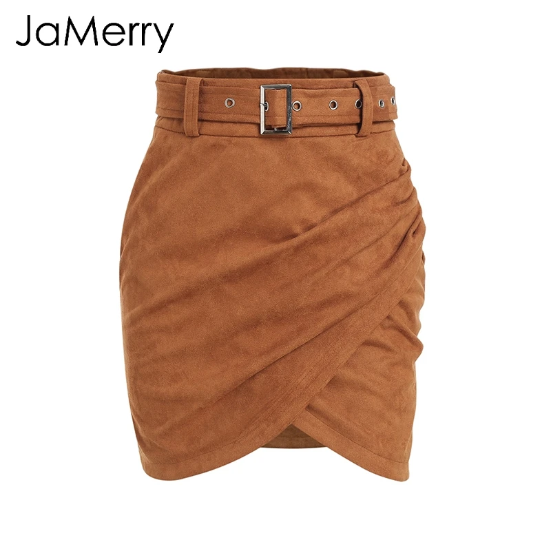 JaMerry, замшевая юбка с асимметричным поясом, Женская облегающая кожаная зимняя юбка,, сексуальная уличная одежда, высокая талия, короткие юбки для женщин