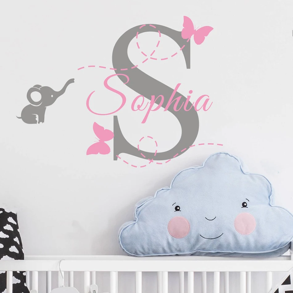 

Lovely Elephant Wall Sticker Custom Kids Names With Butterfly Vinyl Wall Decal Nursery Decoration Girls Room Vinyl Art AZ791