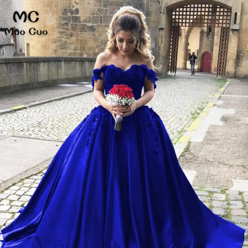 royer blue Новые Бальные платья для выпускного вечера Длинные Милая атласная пол Длина кружевное платье с открытой спиной с коротким рукавом деловая Вечеринка платья - Цвет: royer blue