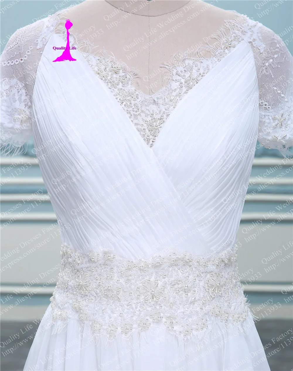 2017 Real Photo Шифон Пляж Кружева С Рукавами Из Бисера Пояс Ruched trouwjurk Vintage robe de mariage