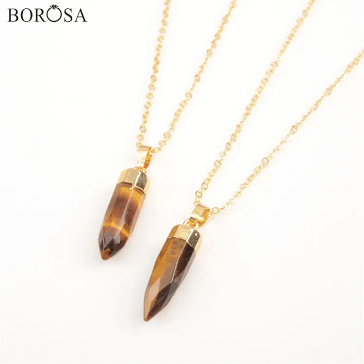 Tiger eye BOROSA Золотая отделка карандаш точка черные ограненные Агаты камень ожерелье медальон натуральный камень ювелирные изделия - Окраска металла: Tiger eye