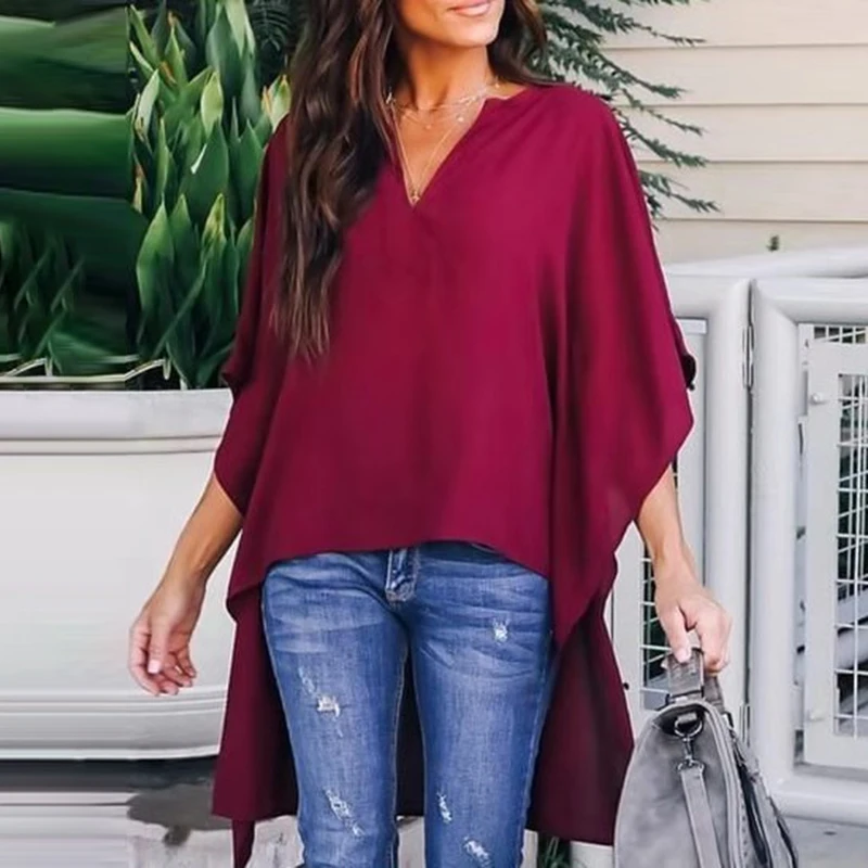 Плюс размер Свободная блуза рубашка нерегулярные однотонные повседневные