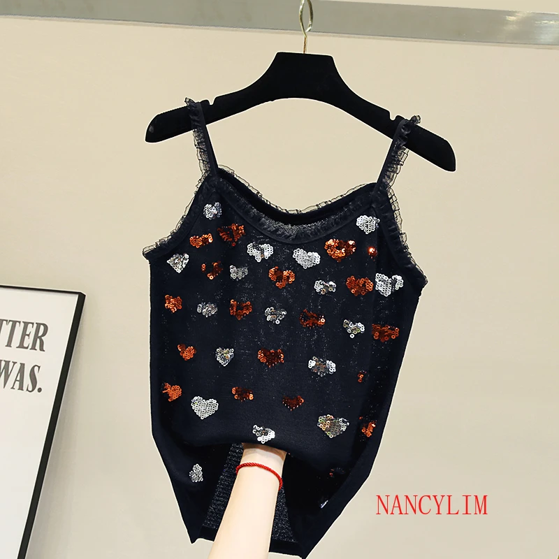 New Knit Sequins Small-strap Vest 2019 Summer Outside Sexy Camisole Top Women's Slim Lover Seuiqn Black Knitted Camisoles Tanks