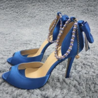 women stiletto high heel sandals sexy peep toe ankle strap pearl chain bowing blue satin wedding bridals lady shoes 0640c k8