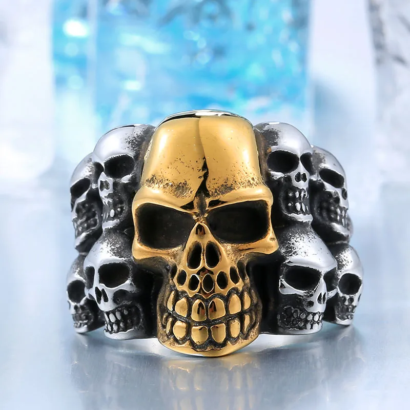 gold colour Мода человека из нержавеющей стали человека из китая байкер панк много череп кольцо BR8-079 размер сша - Цвет основного камня: gold colour