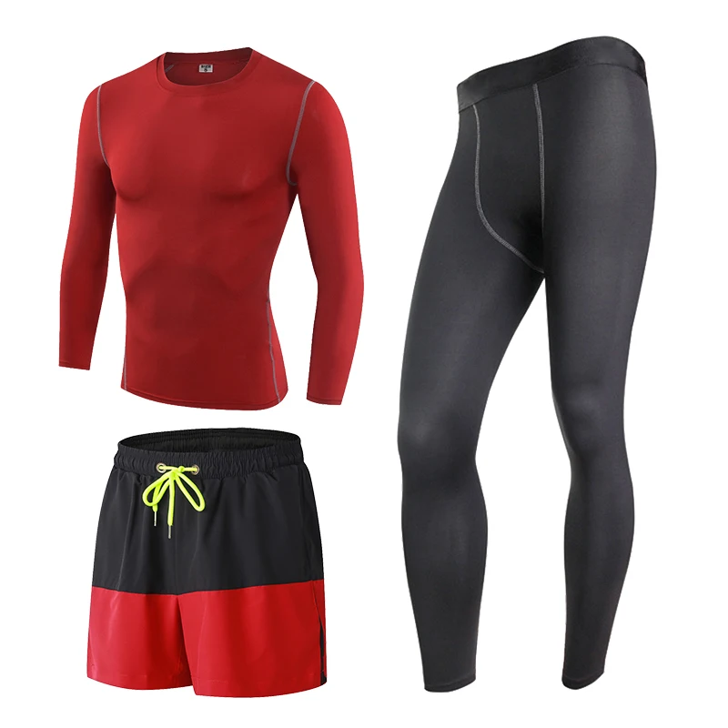 2019 мужской спортивный костюм для бега 3 шт. колготки шорты штаны футболки фитнеса