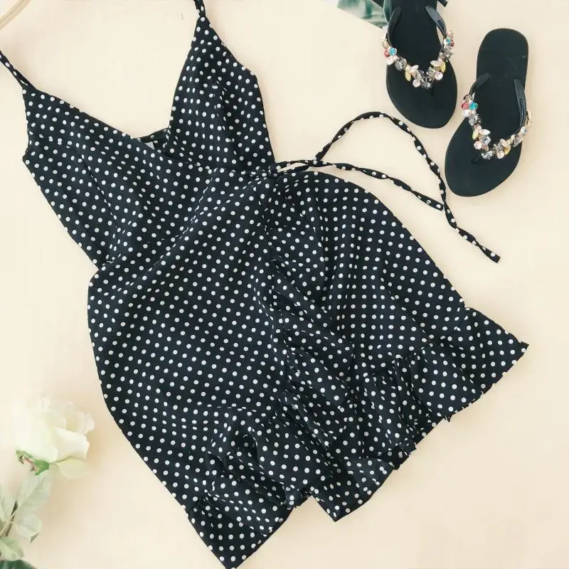 ALPHALMODA Summer Women Ruffled V-collar Sleeveless Sling Dress Popular Polka Dot Prints Irregular Ruffled Holiday Vestidos