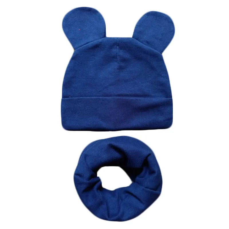 navy set Новая детская шапка с милыми ушками, хлопковый комплект, шапка и шарф, детские шапки для девочек и мальчиков, детская шапка, шарф, воротники, осенне-зимняя детская теплая шапка - Цвет: navy set