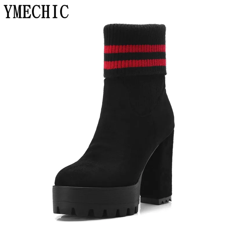 YMECHIC 2018 черные серые женские ботинки из флока зимние на платформе и блочном