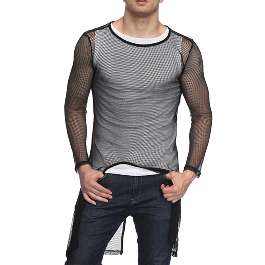 Men's Irregular Split Hem Perspective Long Sleeve Tshirt Summer Cool Men Clothes Tee Shirt Fashion Solid Streetwear Hip Hop | Мужская