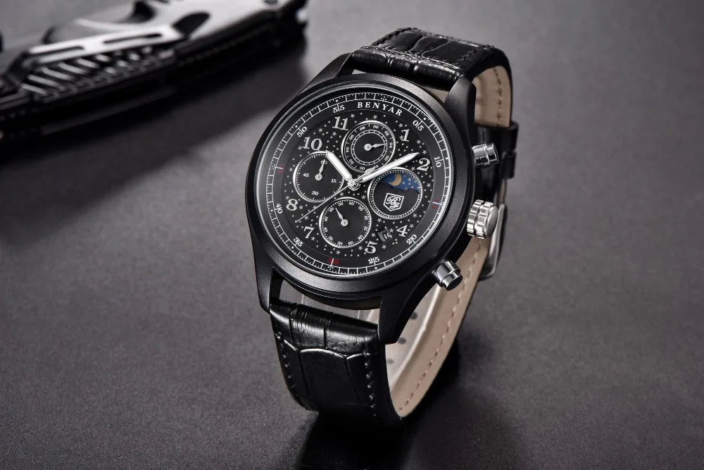 BENYAR Бизнес Мужские часы Moon Phase кожа кварцевые часы с хронографом спортивные военные водонепроницаемые мужские наручные часы