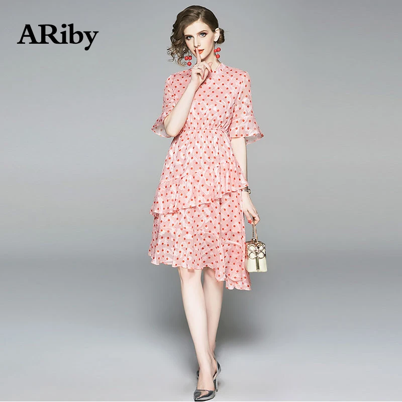 ARiby женское платье Элегантное летнее платье женское французское ретро платье с асимметричным принтом красное платье в горошек с оборками и круглым вырезом по колено