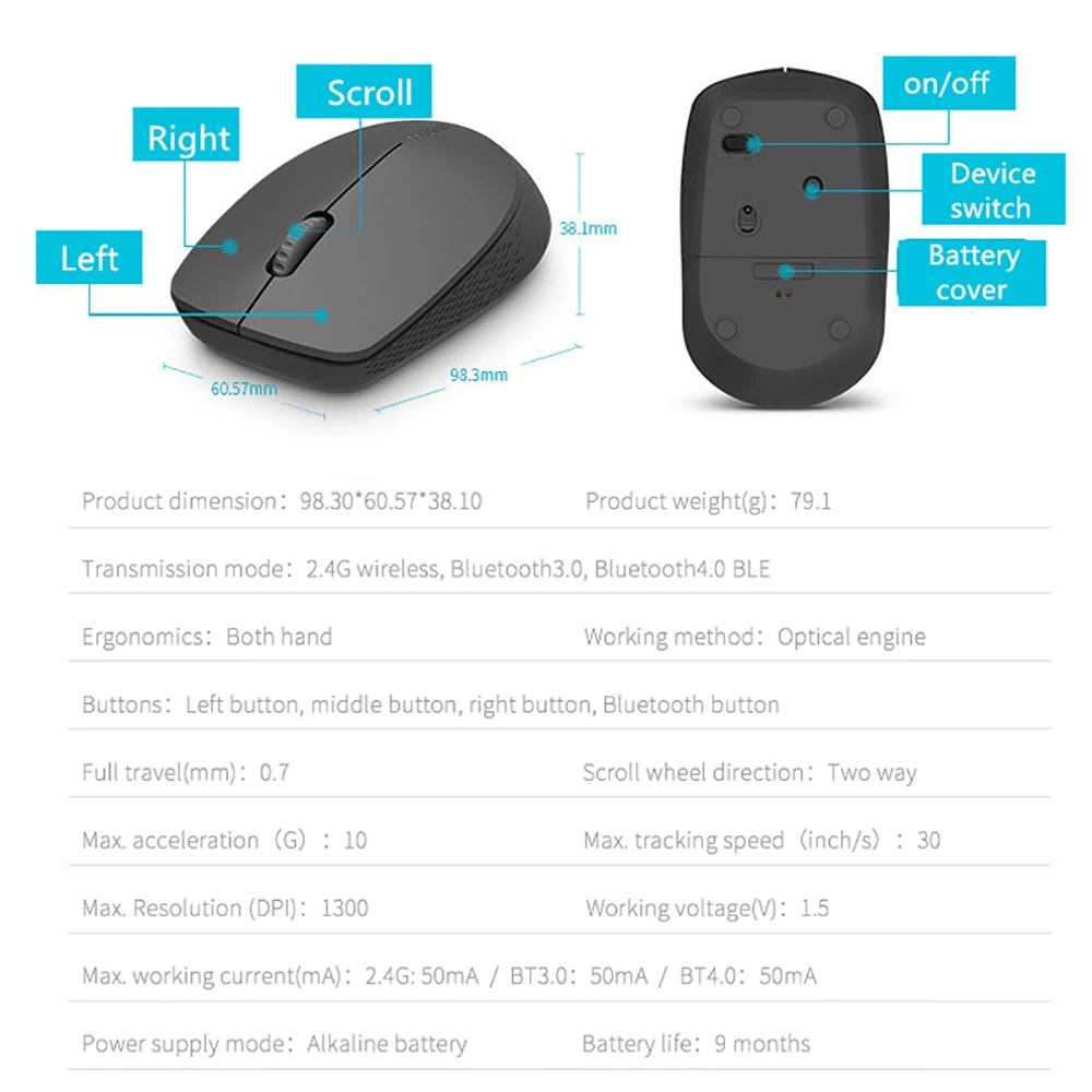 Оригинальная Бесшумная Беспроводная оптическая мышь Rapoo M100, Bluetooth 3,0/4,0 RF 2,4G, бесшумная мини-мышь для Macbook, ПК, ноутбука