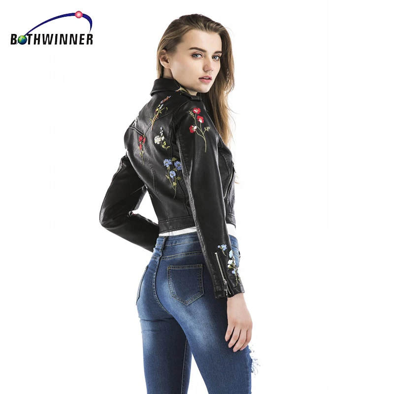 Женская куртка из искусственной кожи с цветочной вышивкой на осень/зиму|jackets