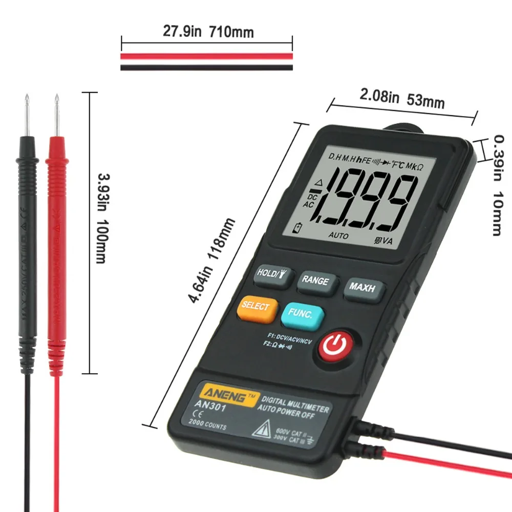 

AN301 Mini Digital Multimeter 1999 Counts LED Light AC DC Voltmeter Ohm Voltage Frequency Meter Tester Measure Tools