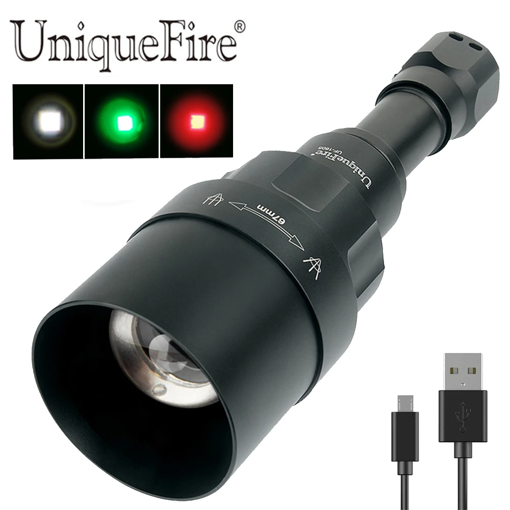 UniqueFire 1605 USB перезаряжаемая светодиодная вспышка T67 XRE белый/зеленый/красный свет 67