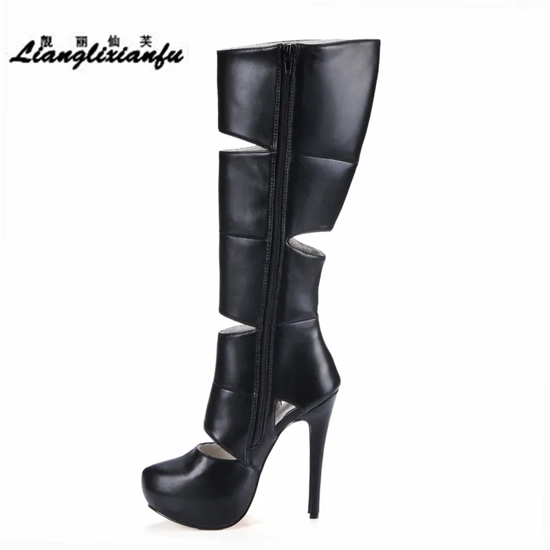 

LLXF hollow out Knee-High platforms shoes woman boots Motorcycle 14cm Thin High-heeled zapatos mujer pumps Black Zipper botas