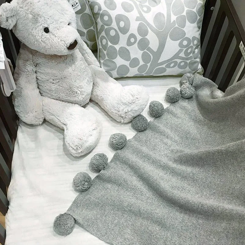Детские одеяла флисовое одеяло на кровать пляжное серое с помпоном для дивана