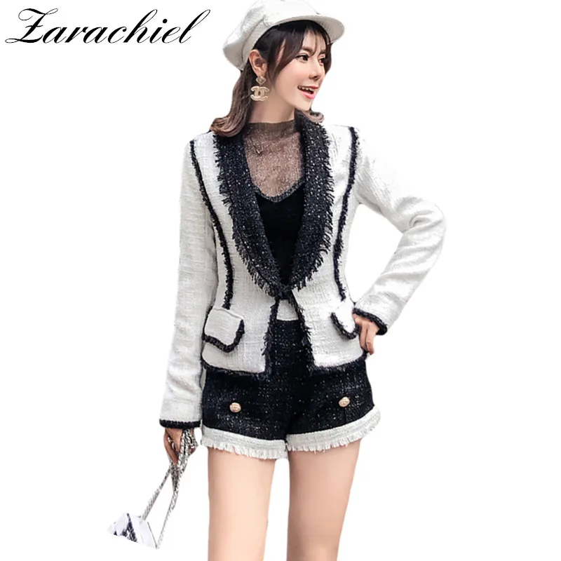white 2 piece set Винтажный хит, цвет, твидовый жакет, набор,, зимний, элегантный, v-образный вырез, толстая, с кисточками, Женский блейзер, пальто+ золотой, львиная пуговица, шерсть, короткий костюм - Цвет: white 2 piece set